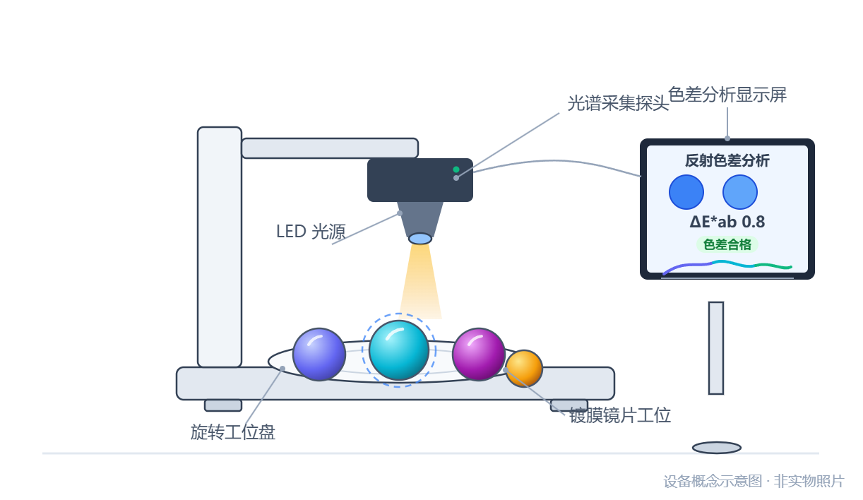 眼镜镜片镀膜色差检测设备概念示意图